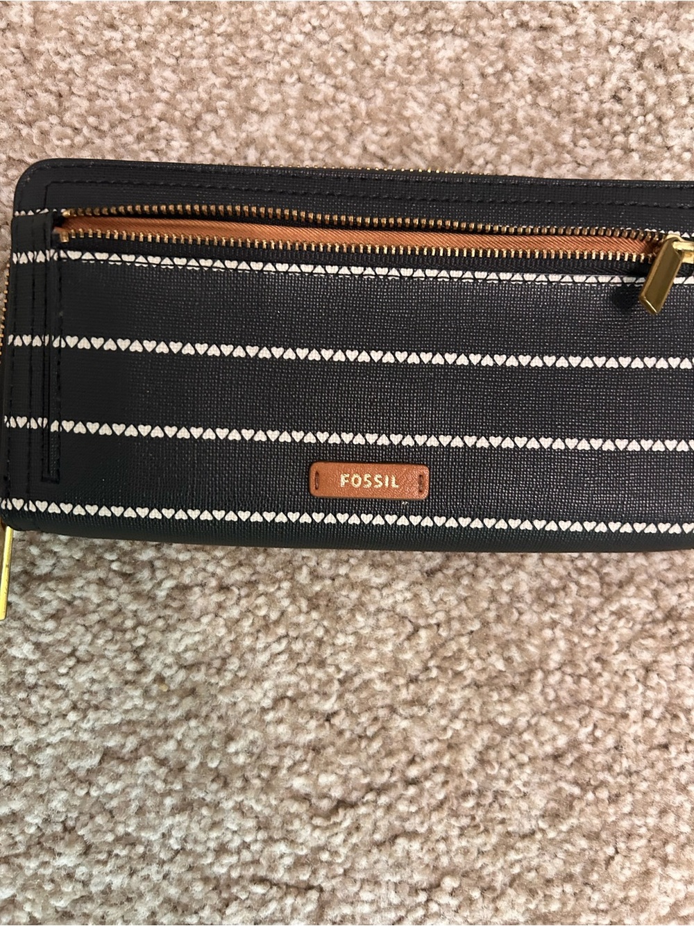 Fossil Black Wallet with White tiny hearts and Gold Hardware